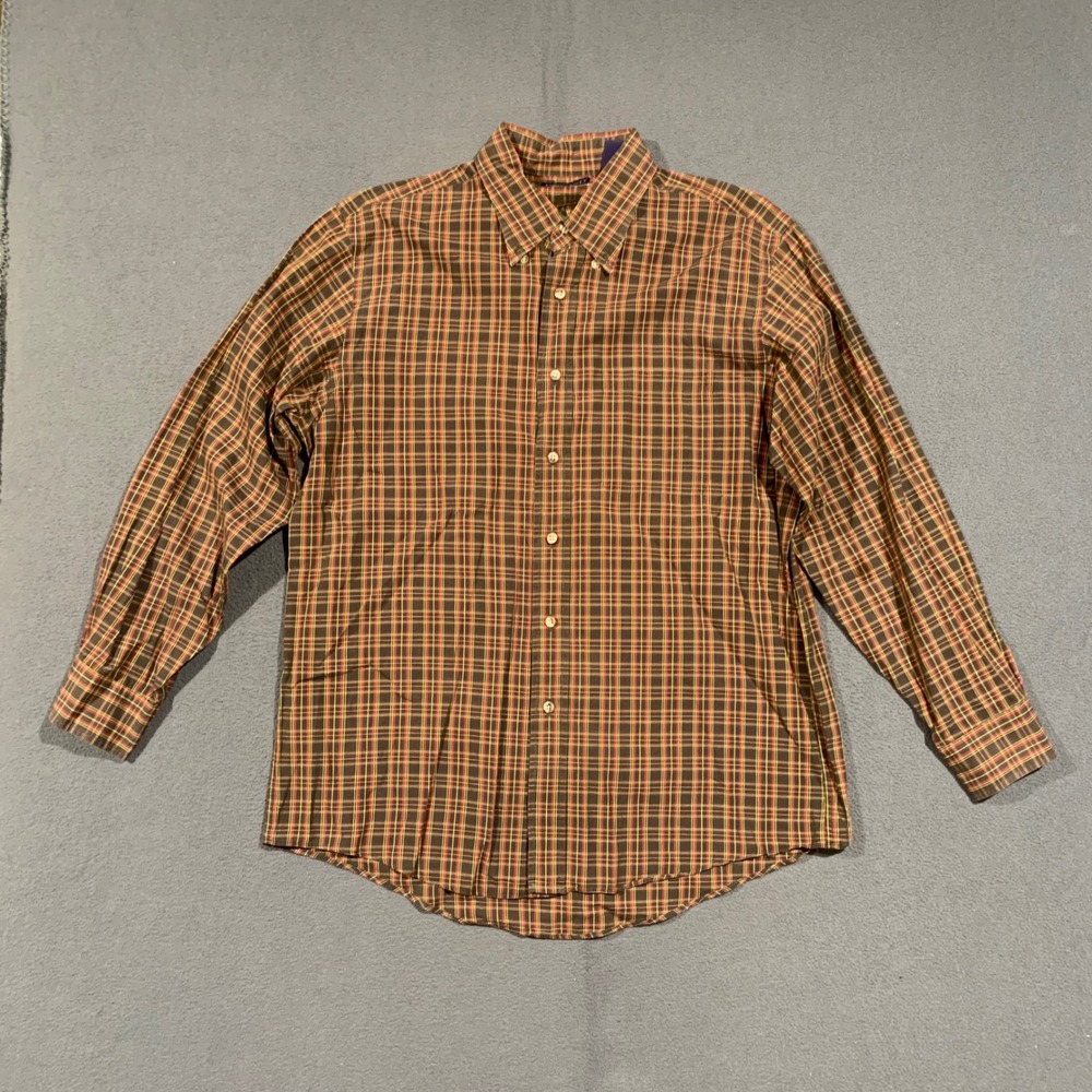 Lands' End Plaid Button Down Shirt Mens 16-33 Brown Red Cotton Made in USA